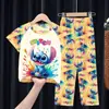 Comercio Exterior Pijamas Infantiles Primavera y Verano Manga Corta Pantalones Trajes para Niños Dibujos Animados Lindo Stitch Ropa de Casa para Niñas Ola