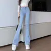 Jeans Bootcut Azul Claro para Mulheres 2025 Outono Novo Cintura Alta Elástico Slim Calças Flare Calças Ferradura