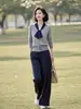 Tienda Insignia de Marca Original de Ropa para Mujer Sudong: Conjunto de Top de Punto Patchwork con Cuello de Corbata + Pantalones Rectos de Cintura Elástica para Otoño