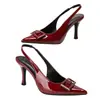 Tacones Altos de Charol con Punta Fina tipo Espejo Hebilla Cuadrada de Moda y Elegantes Sandalias con Tira de Una Sola Línea y Tacón Hueco Logo Personalizado Transfronterizo