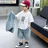 0581 Conjunto de Verão com Manga Curta para Meninos 2026 Novo Estilo Coreano Conjunto de Três Peças com Colete Jeans Infantil para Meninos Pequenos Roupa de Verão