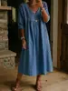 2026 Novo Vestido Cruzado Europeu e Americano Estação Independente Casual Solto Gola V Patchwork Renda Bordada Cor Sólida Manga Média