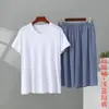 Pijama de Modal com Decote V para Homens, Manga Curta, Calça Curta, Fino, Solto, Tamanho Grande, Roupa Esportiva, Roupa de Casa, Conjunto de Duas Peças