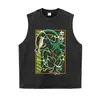 Camiseta preta de manga curta, peso pesado, lavada e com aspecto desgastado, com estampa de personagem de anime vintage, top de anime moderno com ombros caídos