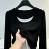 Camiseta feminina de algodão de bambu para outono, corte slim, color block, falsa peça dupla, manga longa, top simples casual moderno