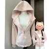 Jaqueta com capuz cinza de mola, corte slim, para mulheres, super estilosa, com ombros retos, com capuz, acinturada, curta, estilo coreano, perfeita para looks de início de primavera