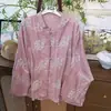 Camisa de Manga Larga con Cuello Alto, Patchwork Retro, Botones y Bordado Artístico, Estilo Nuevo de Verano, Camisa Casual de Imitación de Ramio para Mujer, Blanca