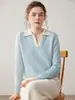 Nuevo Suéter de Cachemira Pura para Mujer Otoño e Invierno con Cuello Polo Bloqueado por Color, Capa Base Engrosada, Top de Punto de Manga Larga