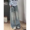 Jeans Americano de Cor Clara Wide Leg para Mulheres 2025 Primavera e Verão Novo Cintura Alta Solto Drapeado Calças Retas em Formato de Pera