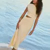 Moda Transfronteriza Europea y Americana Sexy Chica Caliente Vestido Largo de Mujer Color Sólido Plisado Cuello Asimétrico Un Lado Expuesto Cintura Sin Mangas