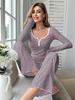 Pijama feminino de venda quente entre países europeus e americanos, sexy, com decote em V profundo, estampado, slim fit, manga comprida, botão, moda, top, calça