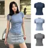 Roupas Azuis de Yoga para Mulheres, Novo Estilo de Verão, Estilo Casual Treinamento Manga Curta Ajustado Secagem Rápida Tops, Esportes Aparência Emagrecedora Camisetas Ins
