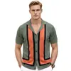 Cardigan/Camisa Polo Masculina de Verão Geométrico Color-Blocked Gola Cubana Tricô Vazado Casual de Negócios Sj0128