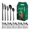 Mango cuadrado set de 24/30 piezas acero inoxidable juego de cubertería occidental cuchillo, tenedor y cuchara dorados estante de almacenamiento caja de regalo