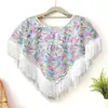 Camisa Chal de Malla con Lentejuelas de Nuevo Estilo para Verano, Elegante Cubre-traje Delgado con Borlas, Top tipo Capa Talla Grande, Protección Solar