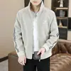 Chaqueta Casual Holgada de Pana a Rayas con Parches de Tendencia para Hombre, Primavera/Otoño, Cuello Alto, Principios de Otoño