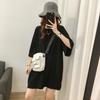 Algodón Suave Lavado Color Sólido Largo Medio Cuello Redondo Manga Corta Camiseta para Mujer Talla Grande Estilo Coreano Holgada Adelgazante Top Casual para Verano