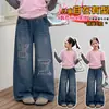 Calça Jeans Feminina 2026 Nova Moda Outono Roupas Infantis para Meninas Mais Velhas Calça Reta de Perna Larga Calça Rasgada de Outono Infantil