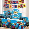 Amazon Blue City Hero Tema Decoración de Fiesta de Cumpleaños Bandeja de Papel Desechable Tejido Bandera Banner Traje para Jalar