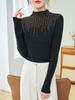 [Hengjia Qzl] Jersey de punto de mezcla de lana y seda con incrustaciones de diamantes para mujer, otoño e invierno, manga larga, cuello alto medio