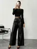Pantalones Negros de Cuero de Cintura Alta Estilo Europeo y Americano Pantalones de Pierna Ancha Amazon Adelgazantes de Piel Sintética Pantalones Largos Sueltos para Mujer