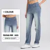 Nuevos Pantalones Vaqueros de Punto para Mujer Estilo Transfronterizo, Pierna Recta, Puños Enrollados, Efecto Adelgazante, Diseño de Bolsillos, Aspecto Desgastado, Pantalones Casuales para Fitness