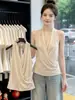 Camisola estilo francês com gola halter para mulheres, design de verão com decote V cruzado sem mangas, corte justo, top versátil
