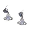 Brincos de Diamante Cheio Rainha Mãe Saturno Zircônia Cravejada com Diamantes Rosa Azul Elegantes Exquisitos para Mulheres Novo Estilo
