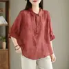 Nueva blusa de jacquard con cuello para mujer, elegante blusa retro de manga media para dama, top fino que estiliza y favorece la figura