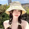 Sombrero de Cubo Floral de Doble Cara Estilo Coreano para Mujer, Protección Solar de Verano, Ala Ancha para Adelgazar el Rostro, Versátil para Uso al Aire Libre, Sombrero para el Sol