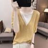 Playera de Punto de Manga Corta de Dos Piezas Falsas para Mujer Verano Delgada Talla Grande Diseño Nicho Holgada Cuello en V Seda de Hielo Manga Media