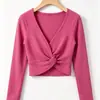 Ropa de baile para niños, conjunto cálido de otoño e invierno con forro polar para practicar, capa corta de punto retorcido con cuello en V para niñas, prenda exterior de manga larga