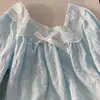 Camisola Longa Lisa com Laço e Renda Franzida para Mulheres, Vestido de Casa de Comprimento Médio com Gola Quadrada, Pulôver para Primavera e Outono, Adequado para Uso Externo