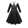 Fantasia Cosplay de Halloween Infantil Família Addams Quarta-Feira Negra Vestido com Lapela para Menina