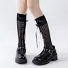Medias de Malla de Verano Estilo Ins Chica Dulce Pura Blanco Leche Calcetines para Pantorrilla con Encaje Hueco y Moño