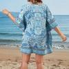 Vestido playero de vacaciones en la costa con estampado de posicionamiento europeo y americano para mujer, cuello redondo, manga corta, azul y blanco, porcelana, azul neblina, suéter exterior tipo chal