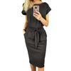 Vestido ajustado con bolsillos y cuello alto para mujer, estilo europeo y americano, nuevo, de manga corta, con cordones y lazo, cintura alta, ajustado y adelgazante