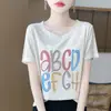 Camiseta feminina de verão mais vendida em liocel com estampa de letras, modelagem solta, simples e chique, casual, estilo coreano, versátil