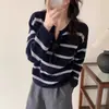 Suéter de Rayas Coreano Otoño e Invierno 100% Lana Pura para Mujer, Media Apertura en V, Holgado, Moda, Suéter de Punto de Lana Camiseta Interior