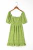 Estilo Europeu e Americano Francês Cintura Alta Mangas Bufantes Slim Fit Elástico nas Costas Bainha Franzida Vestido Estampado Saia Curta Elegante