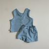 Chaleco Cárdigan Shorts Traje de Color Sólido Estilo Coreano para Niños y Niñas Bebé Verano Refrescante Traje de Algodón Moda Combinable