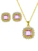 [Conjunto] Moda Elegante Luxo Leve Zircônia Completa Indústria Pesada Diamante Quadrado Cobre Galvanizado a Ouro Real Brincos Colar Conjunto Micro-incrustados