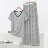 Conjunto de Pantalón Ancho de Manga Corta con Cuello en V Rayado Blanco y Negro Casual Delgado de Talla Grande para Mujer Conjunto de Dos Piezas: Camiseta y Pantalón Largo