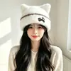 Gorro de Felpa Cálido de Invierno con Orejas de Gato Lindo para Mujer, Versátil, Adelgazante de Rostro, Gorro de Punto Protector de Orejas, Cobertor de Cabeza a Prueba de Frío