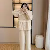 Roupa de casa feminina de crepe de algodão puro com estampa distribuída, manga curta e calça comprida para primavera e verão, pijama casual solto e confortável para casa
