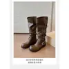Botas de cano alto da moda, novo estilo outono e inverno, com fivela, para usar por cima, plissadas, botas jeans empilhadas 2026, botas de cavaleiro com cinto retrô western