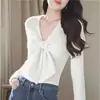 Estilo Francés Primavera y Otoño Único Chic Lazo Ajustado Tejido Camiseta Base Suéter para Mujer Diseño Nicho Top de Manga Larga
