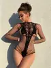 Lencería Sexy Europea y Americana Nuevo Exportación Transfronteriza Sexy Una Pieza Calado Ajustado Transparente Manga Larga Malla W716