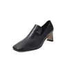 Zapatos de tacón medio de cuero de vaca de primera capa para mujer, Novedades de primavera, Zapatos de vestir cuadrados retro de cuero genuino en dorado y plateado para mujer
