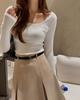 Camiseta Curta Elástica Sexy Personalizada Manga Longa Feminina Gola U Design Simples Casual Algodão Justa Top Camiseta Básica